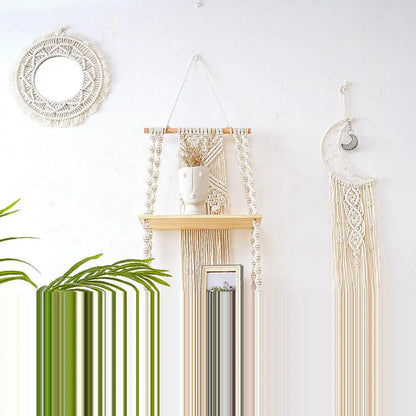 2 Tier Macrame Wall Hanging Floating Shelf Natural Cotton Rope Boho Home Decor Wooden Wall Shelf Candle Holder Hangings Shelf