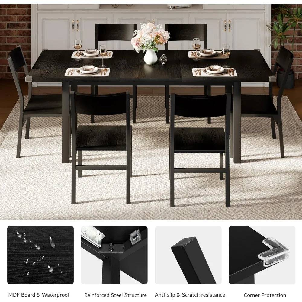 7 Pieces Dining Table with 6 Chairs, 63" Extendable