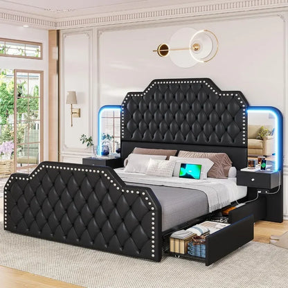 Queen Size 53” Tall Platform Bed Frame With 4 Storage Drawers Built-in Charging Station