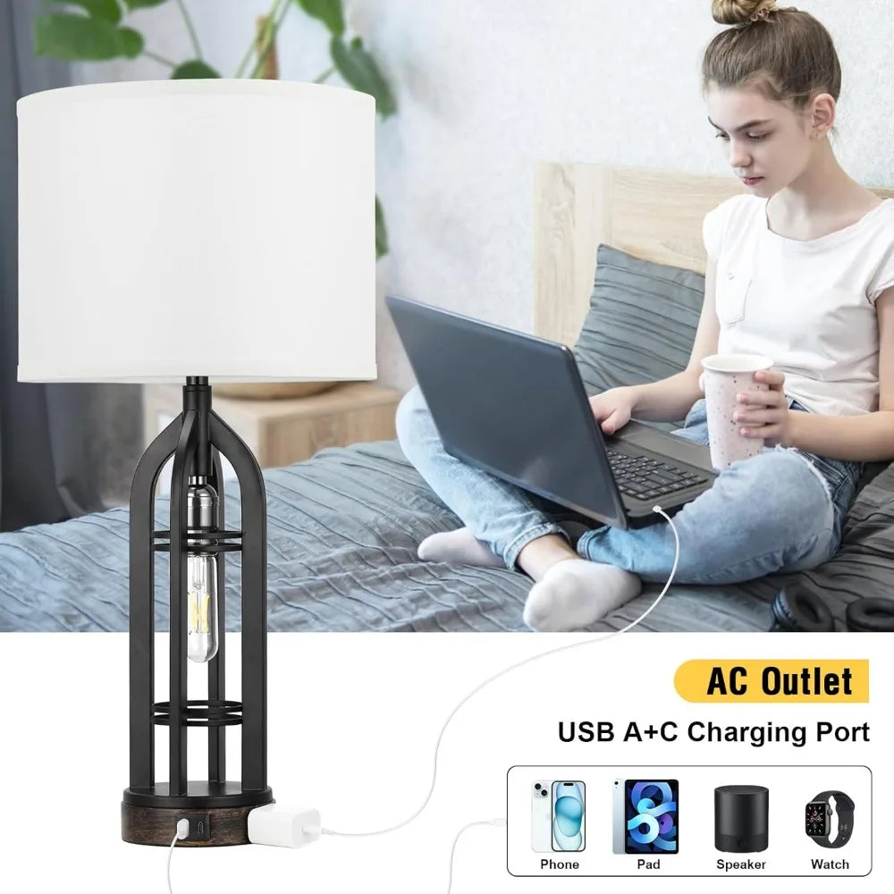 Set of 2 Lamps with USB C+A & Outlet, 3-Way Dimmable