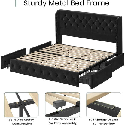 King Size Bed Frame with 4 Storage Drawers and Tufted Headboard Velvet Upholstered