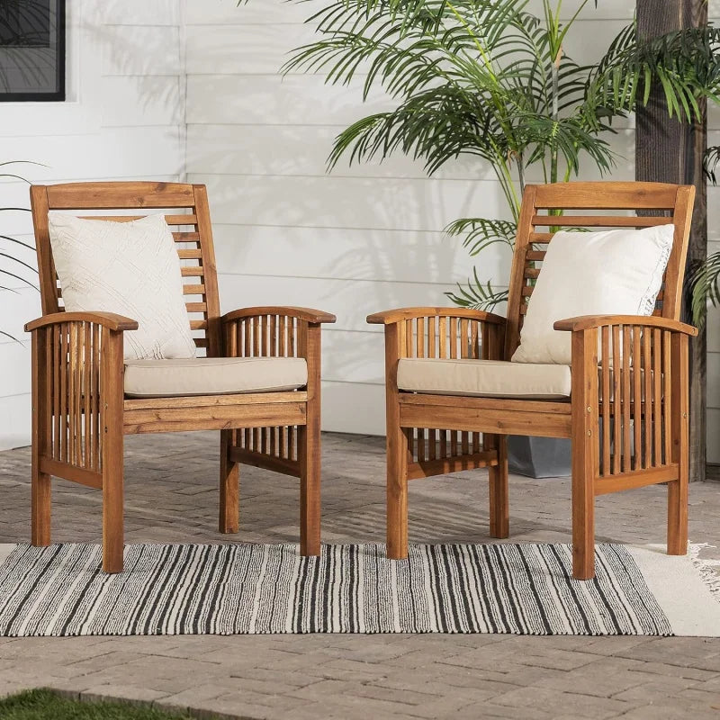 Modern 2 Piece Solid Acacia Wood Slat Back Outdoor Dining Chairs